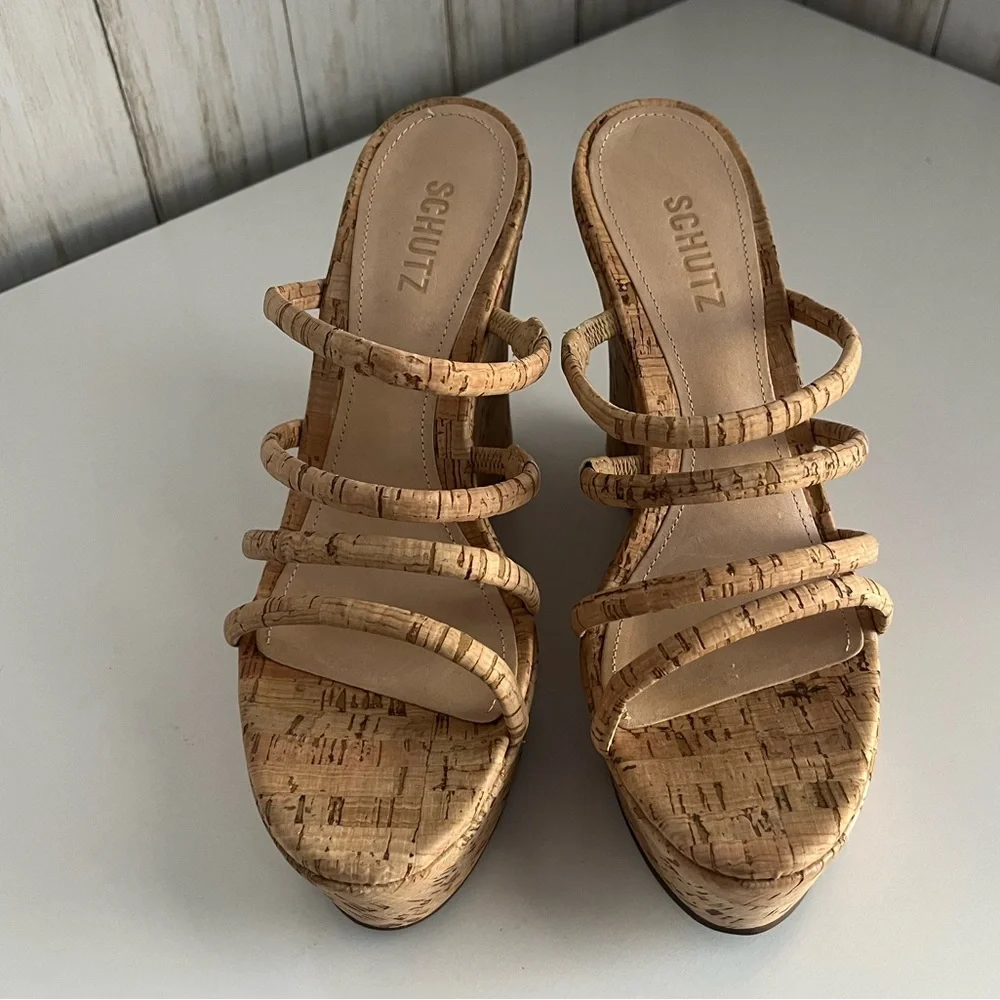 SCHUTZ Cari Slip On Tan Platform Wedge Sandals - Picture 6 of 11